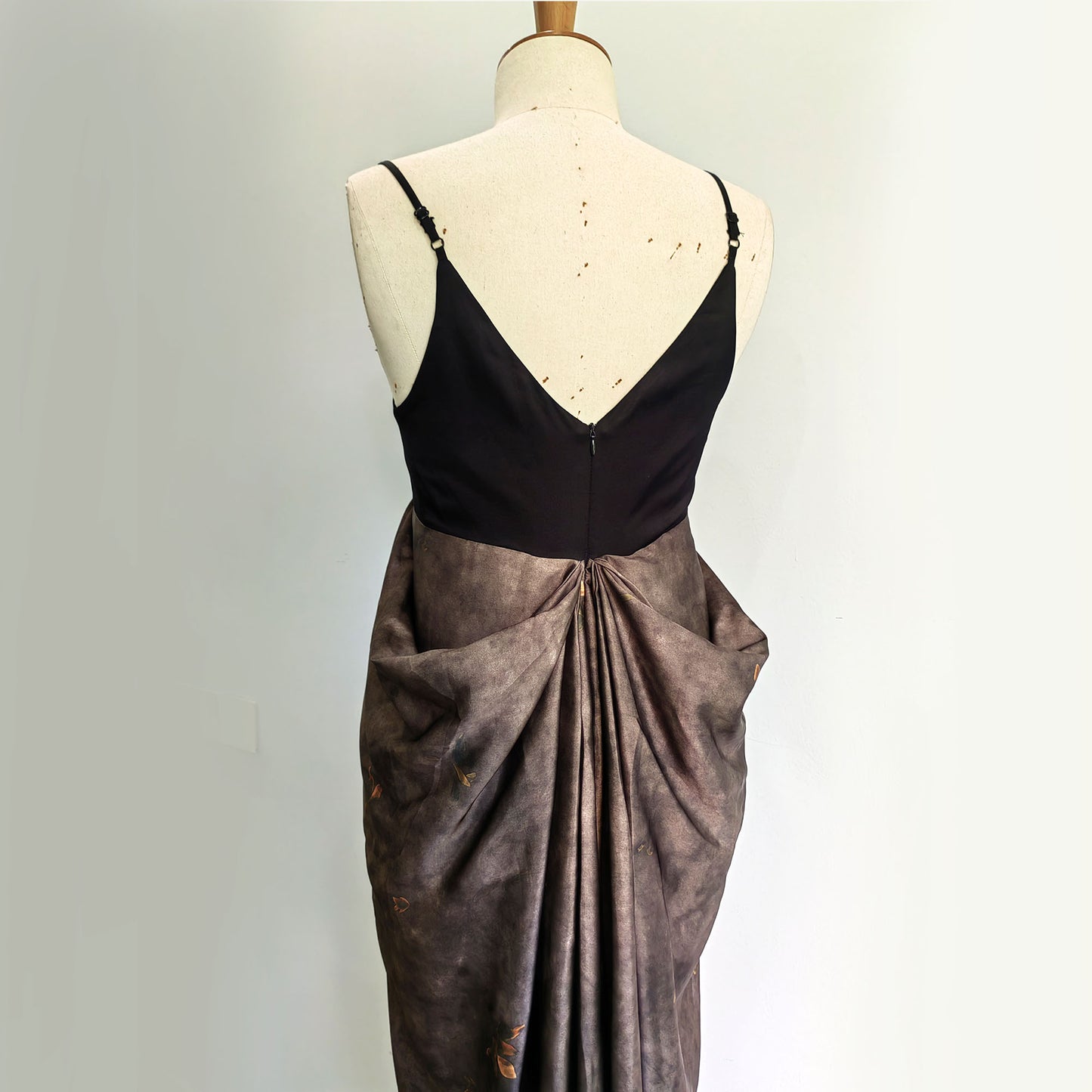 Evening dress black satin tencel evening dress maxi dress silky satin dress retro dark brown prints thick tencel silky fabric