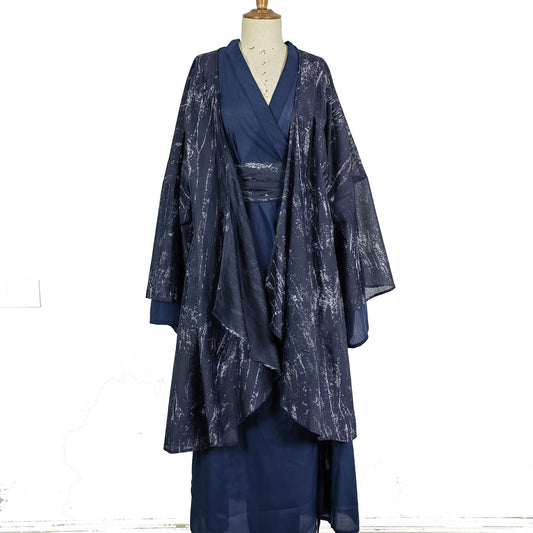 Hanfu, Haori, Blue Kimono 3PCS Set Japanese Style Robe Chinese Hanfu Dress Modified Hanfu Neza Studio Maxi Kimono Dress OBI belt Indigo