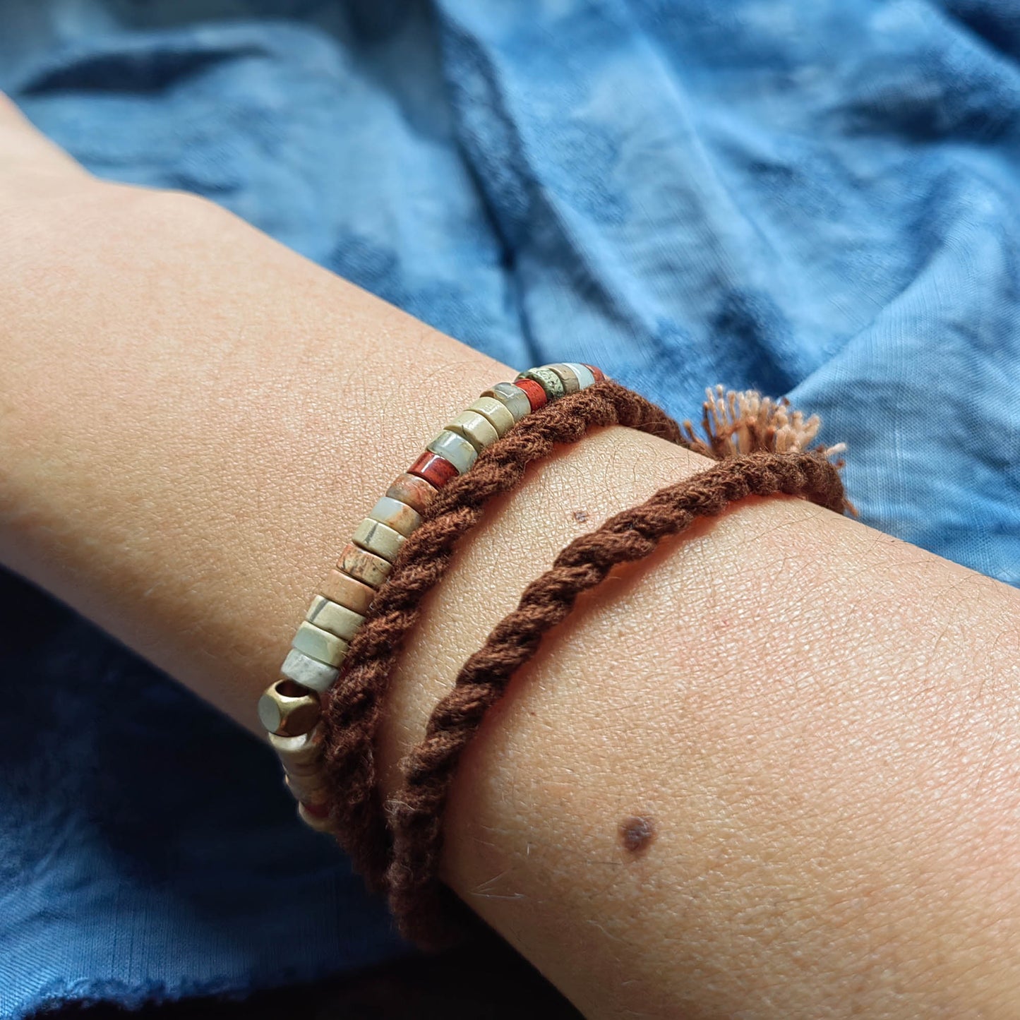 Persimmon dye cotton thread bracelet Hand dye yarn braided Bangle unisex kumihimo bracelet with silver beads Custom size unisex Bracelets