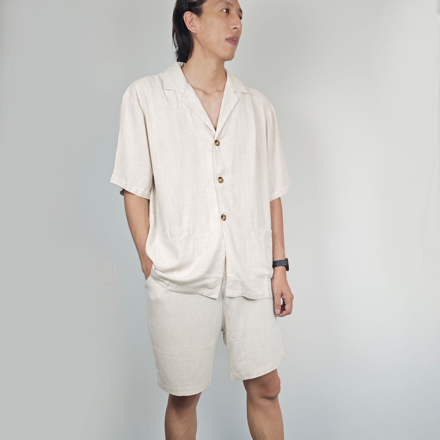 Soft Linen blended summer shirt and shorts set oat color linen shorts linen shirt loose fit Hawaii shirt for men linen rayon summer shirt