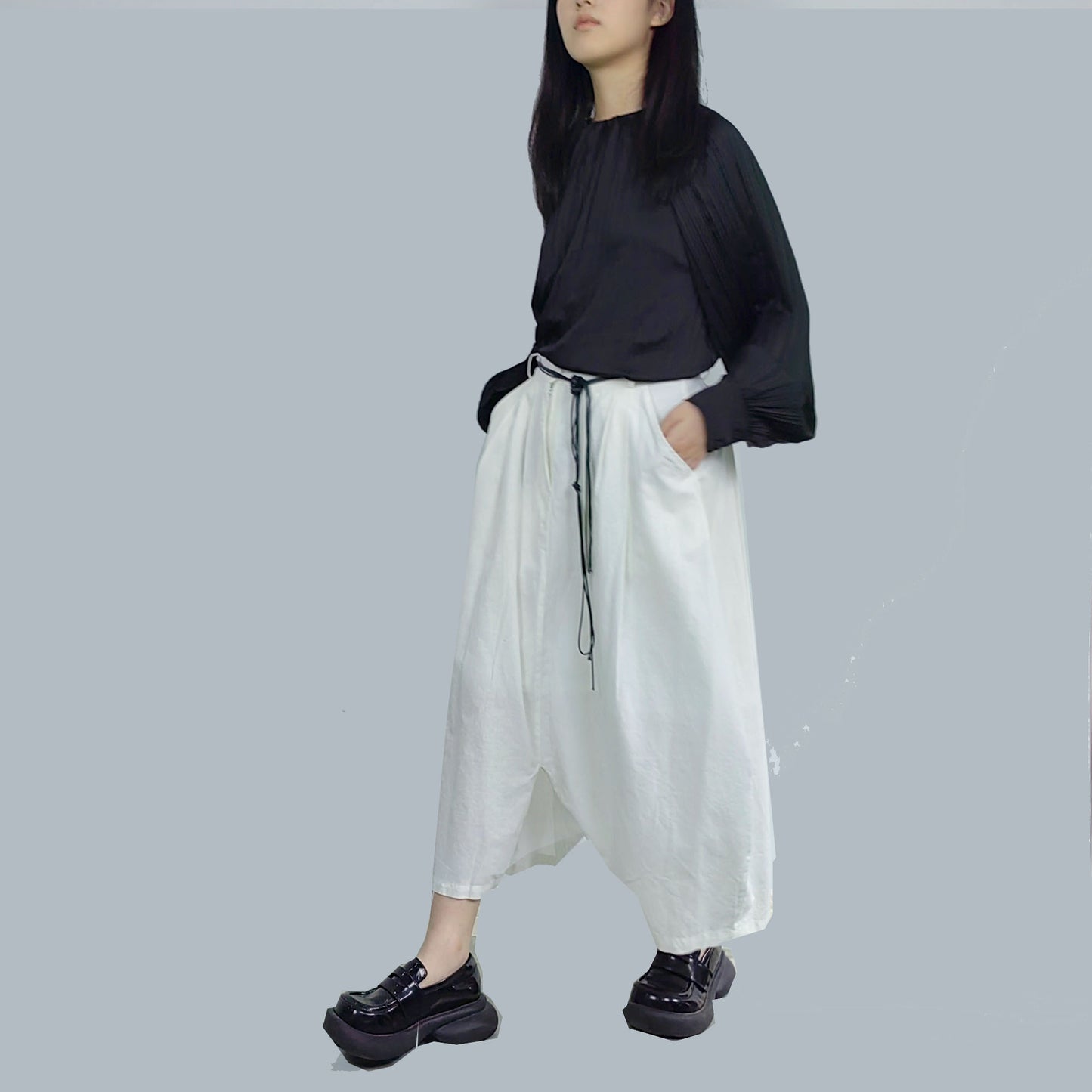 Round Shape Linen Cotton Pants White Linen Pants for women with black string decor Assymmetric Shape Trousers