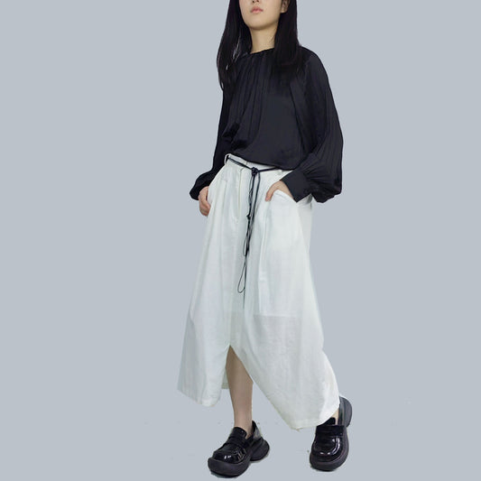 Round Shape Linen Cotton Pants White Linen Pants for women with black string decor Assymmetric Shape Trousers