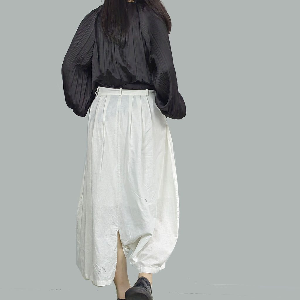 Round Shape Linen Cotton Pants White Linen Pants for women with black string decor Assymmetric Shape Trousers