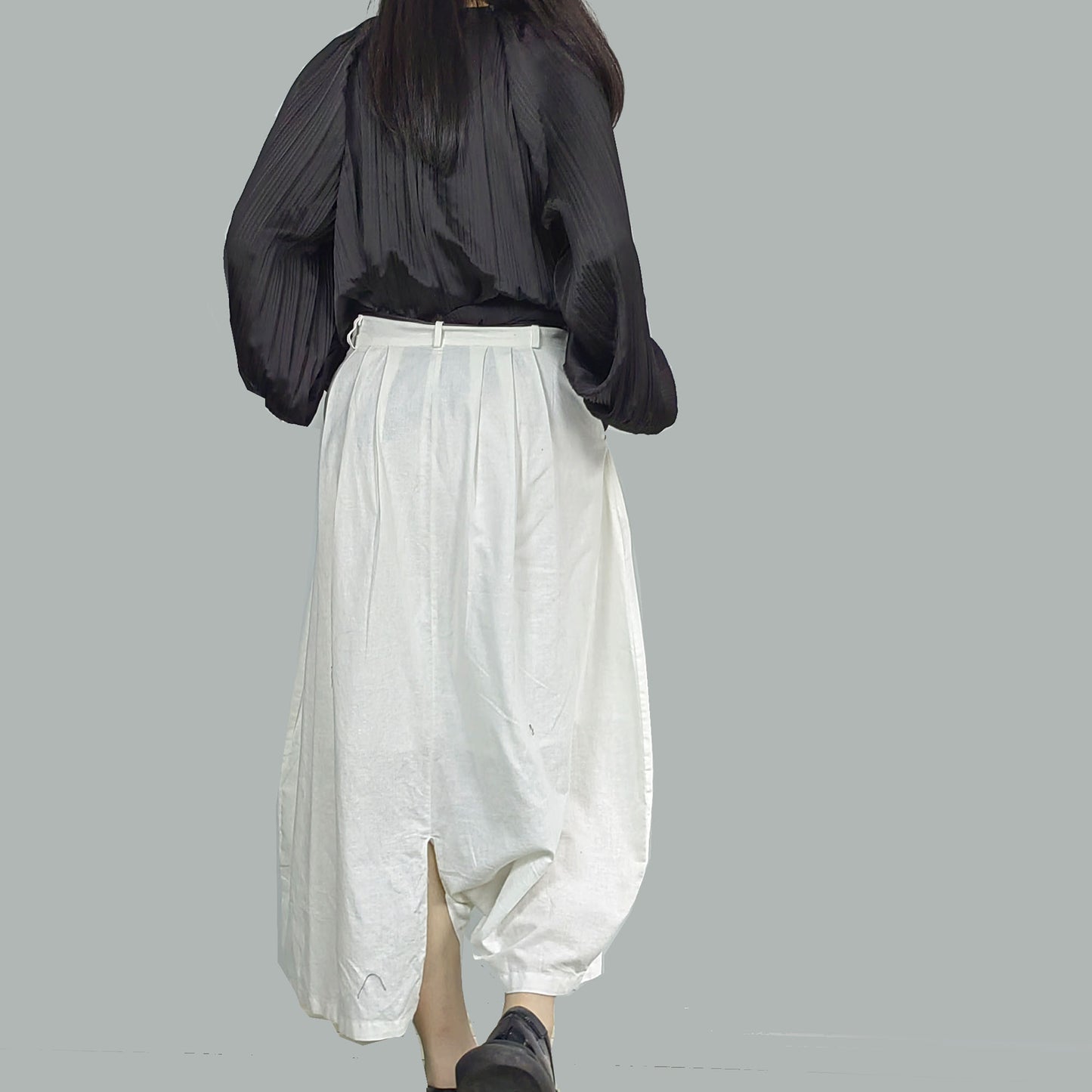 Round Shape Linen Cotton Pants White Linen Pants for women with black string decor Assymmetric Shape Trousers