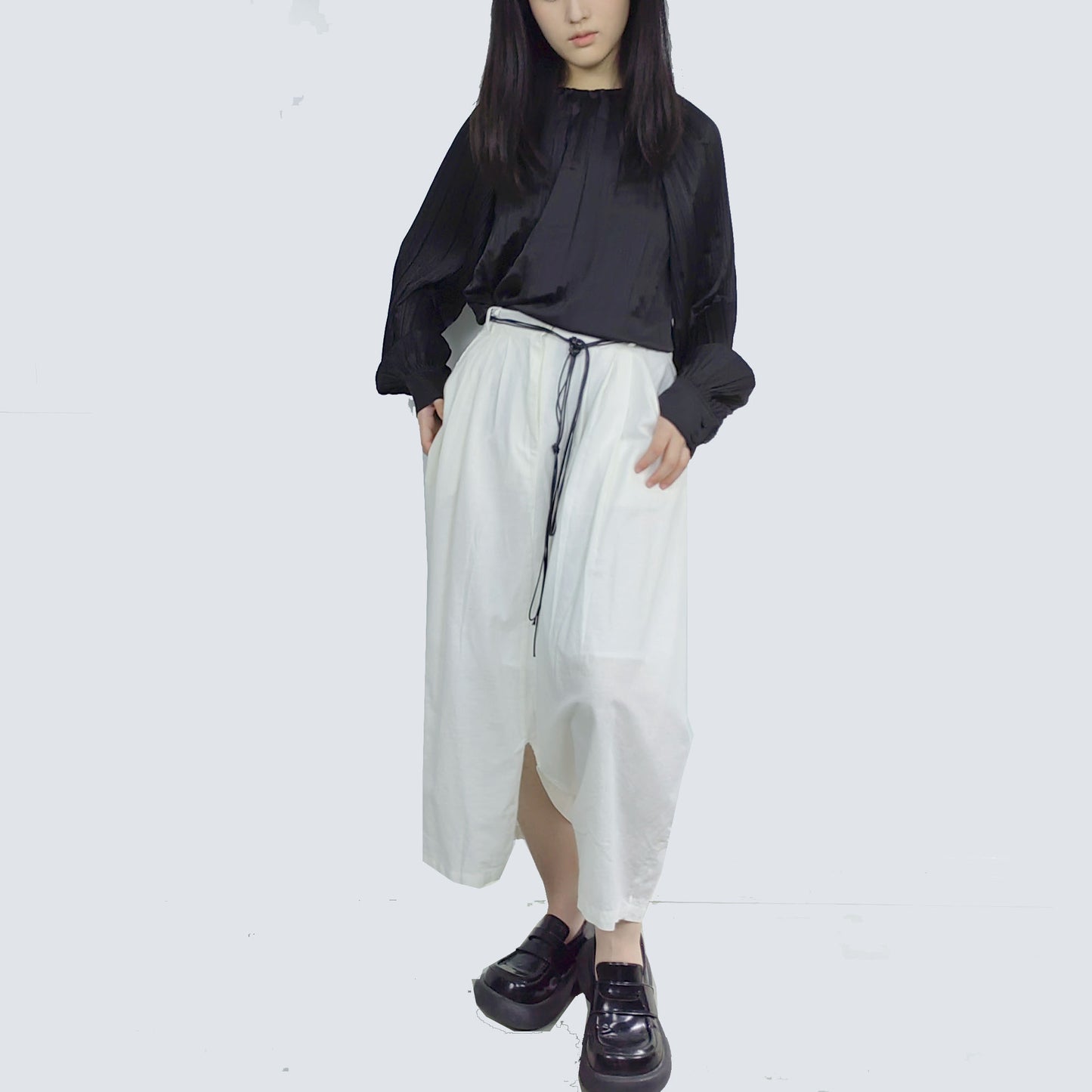 Round Shape Linen Cotton Pants White Linen Pants for women with black string decor Assymmetric Shape Trousers