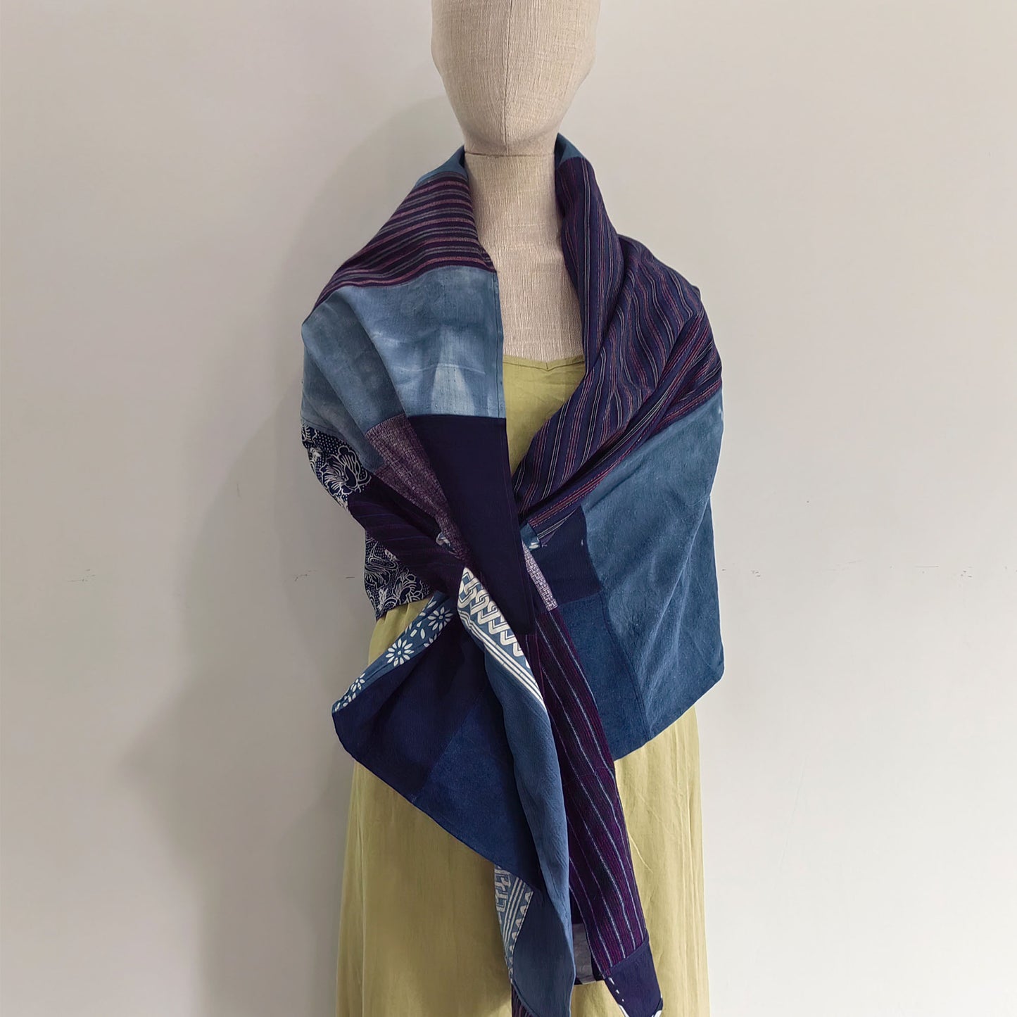 Large Patchwork scarf Indigo Blue shawl boro scarf Vintage Fabric Patch scarf women's scarf Hand Woven Fabric wrap hood blanket dark blue