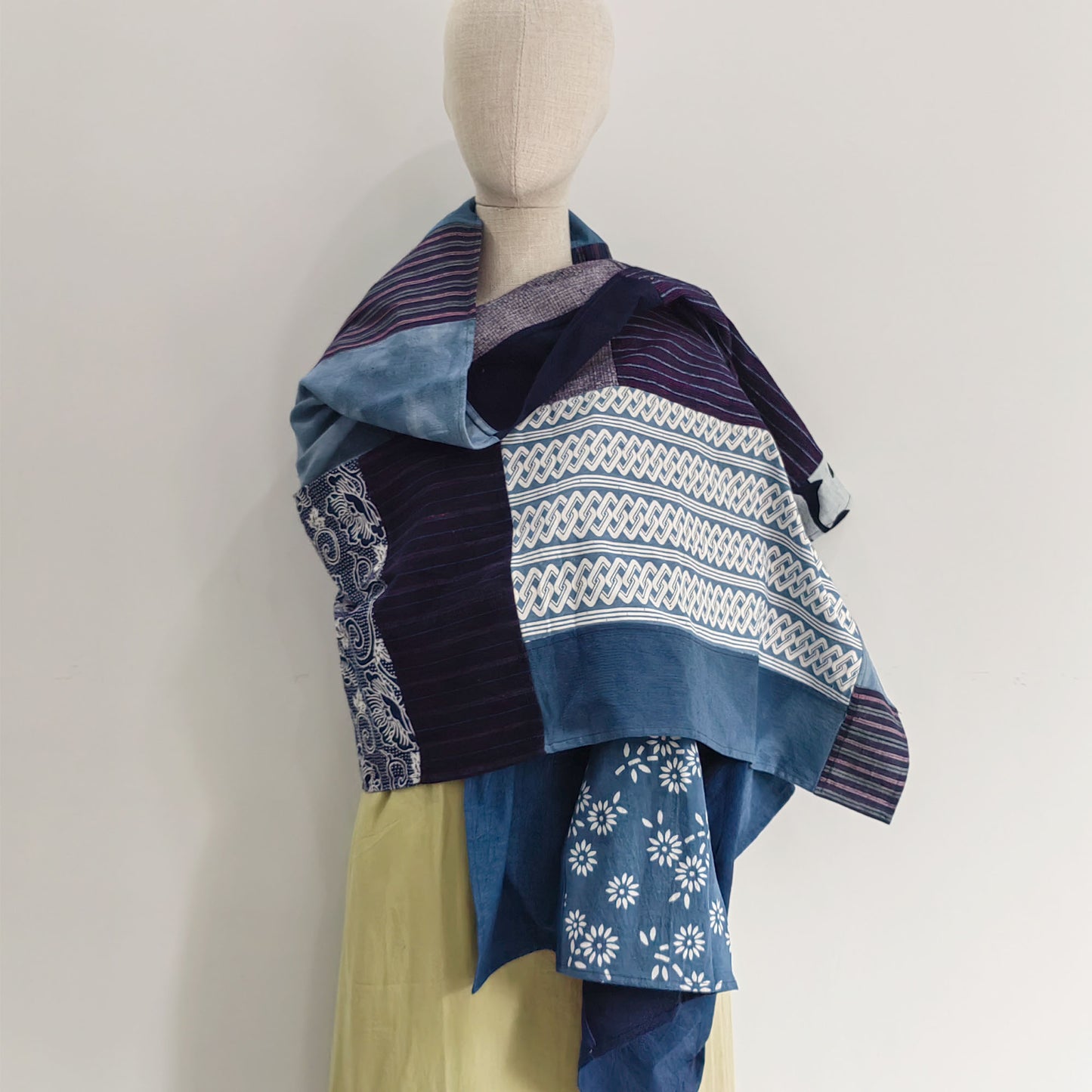 Large Patchwork scarf Indigo Blue shawl boro scarf Vintage Fabric Patch scarf women's scarf Hand Woven Fabric wrap hood blanket dark blue
