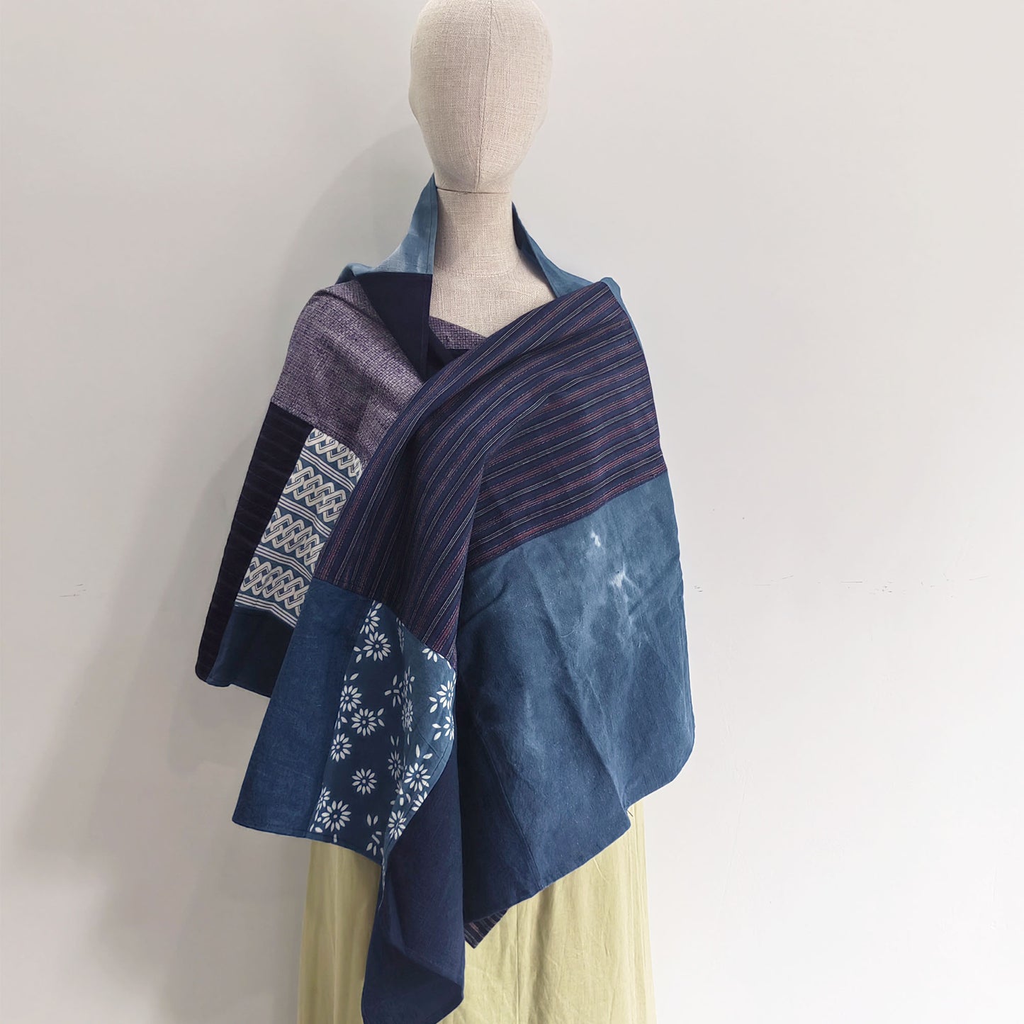 Large Patchwork scarf Indigo Blue shawl boro scarf Vintage Fabric Patch scarf women's scarf Hand Woven Fabric wrap hood blanket dark blue