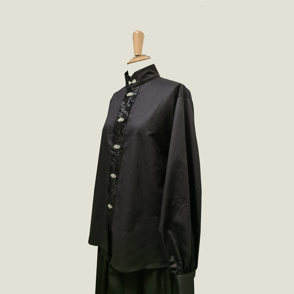 Black cotton shirt Ming's dynasty style cotton shirt with silver color metal buttons