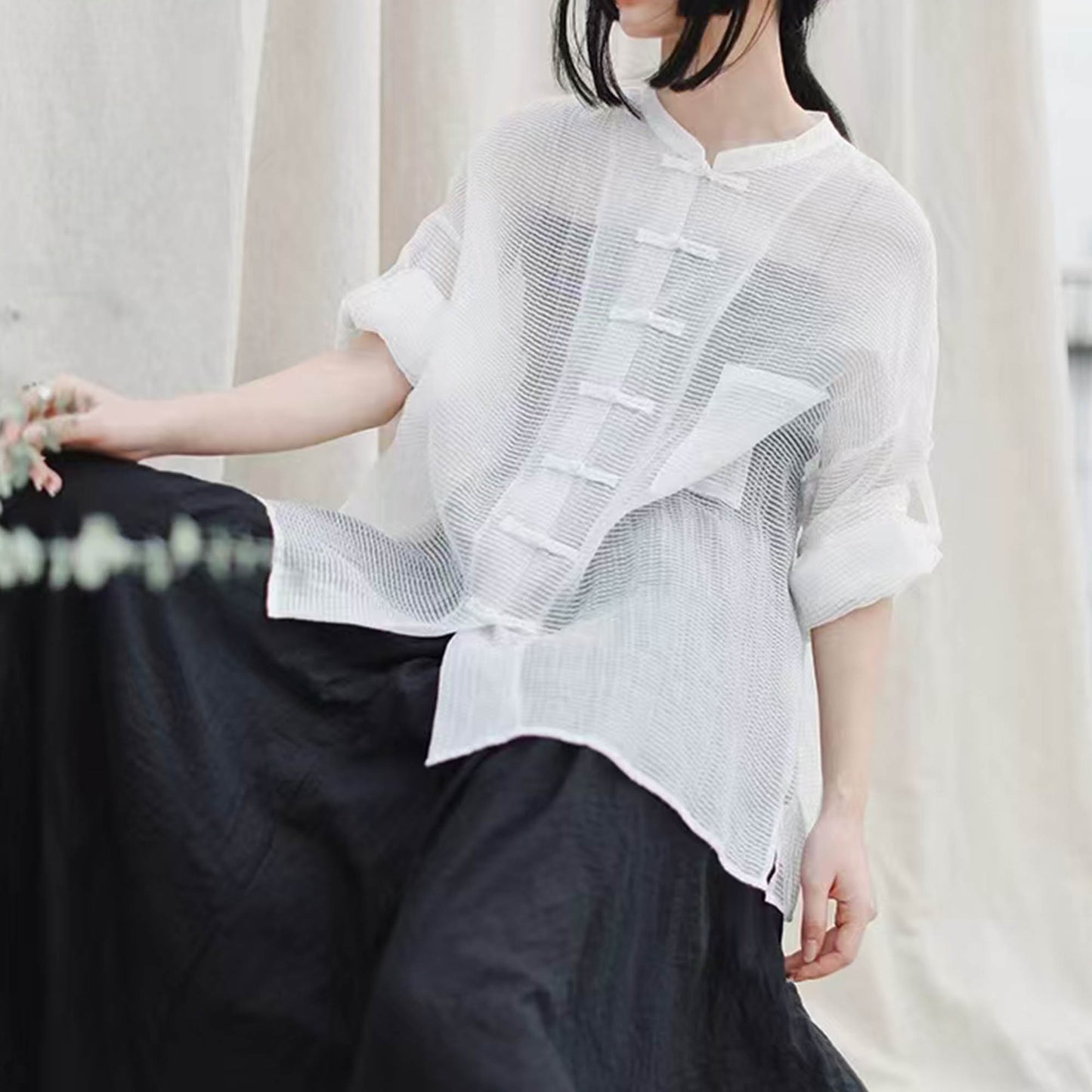 Light weigth see through Tang suit top tencel blended fabric loose fit tang suit style blouse