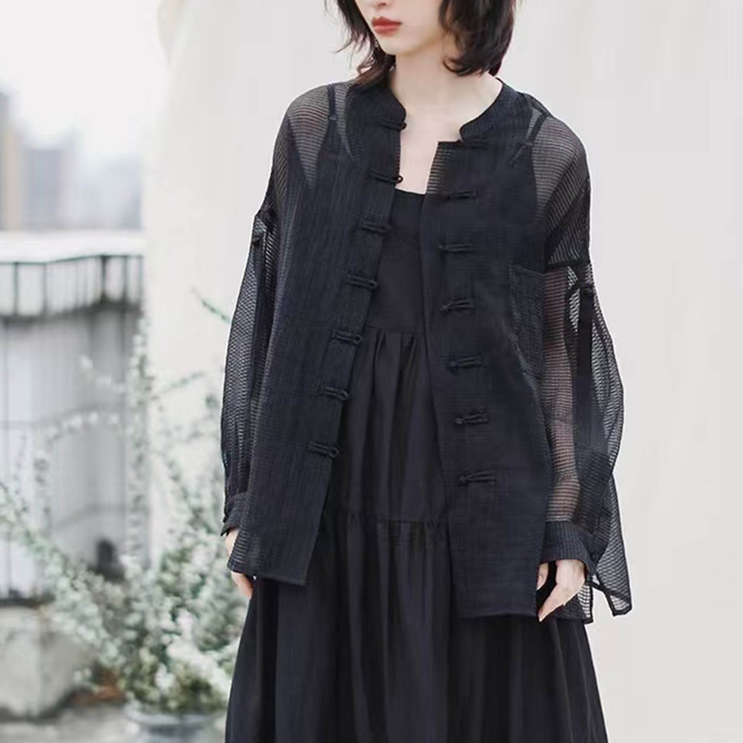 Light weigth see through Tang suit top tencel blended fabric loose fit tang suit style blouse