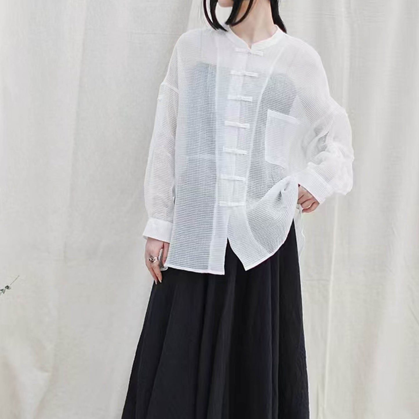 Light weigth see through Tang suit top tencel blended fabric loose fit tang suit style blouse