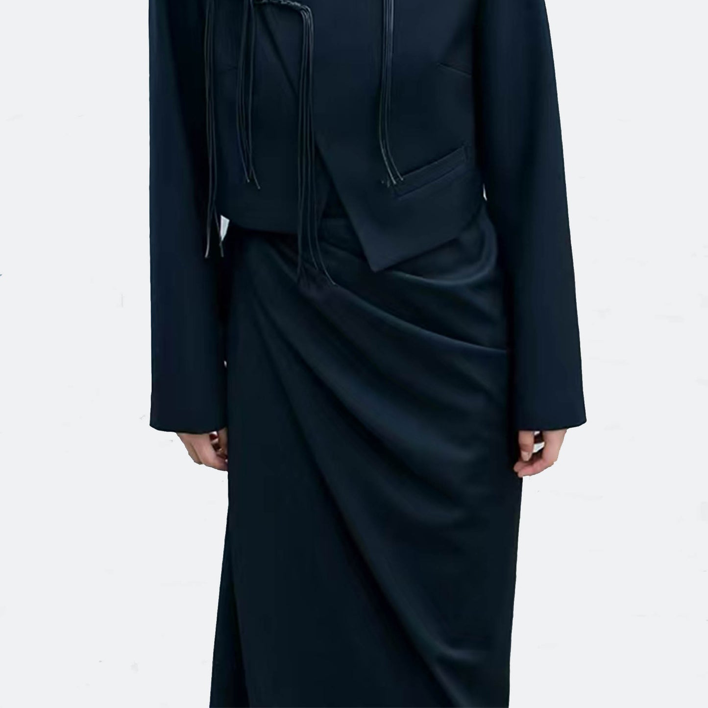 One piece wrap skirt black suiting fabric max length wrap skirt