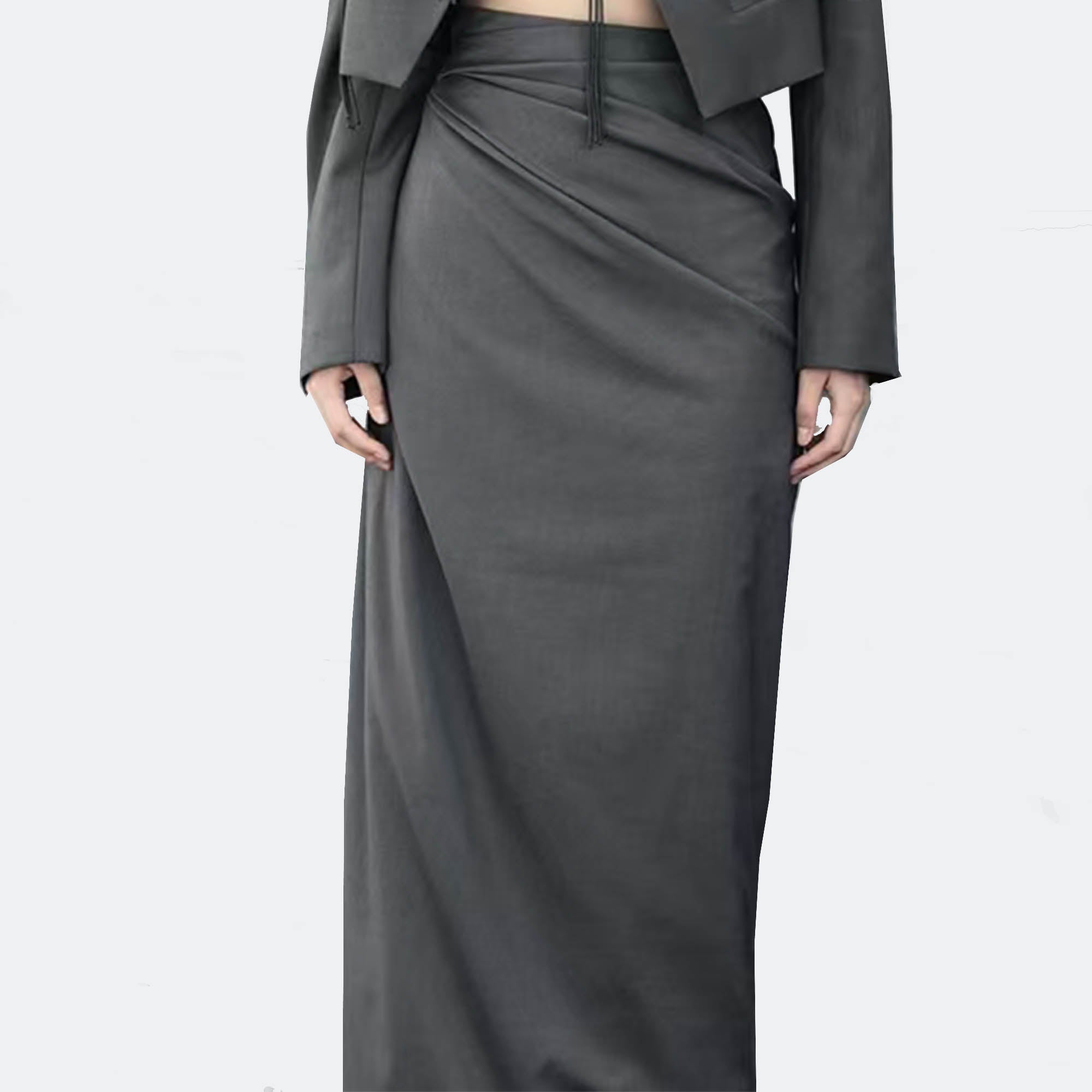 One piece wrap skirt black suiting fabric max length wrap skirt