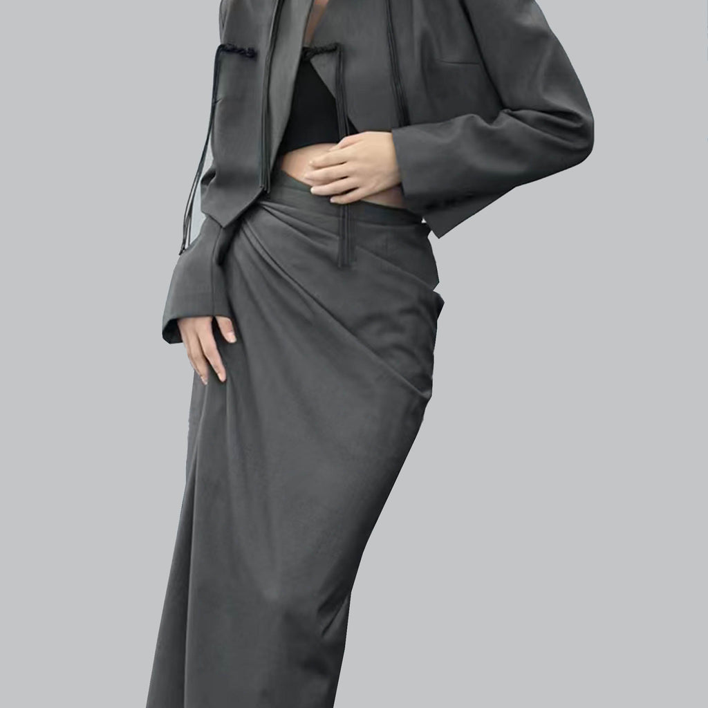 One piece wrap skirt black suiting fabric max length wrap skirt