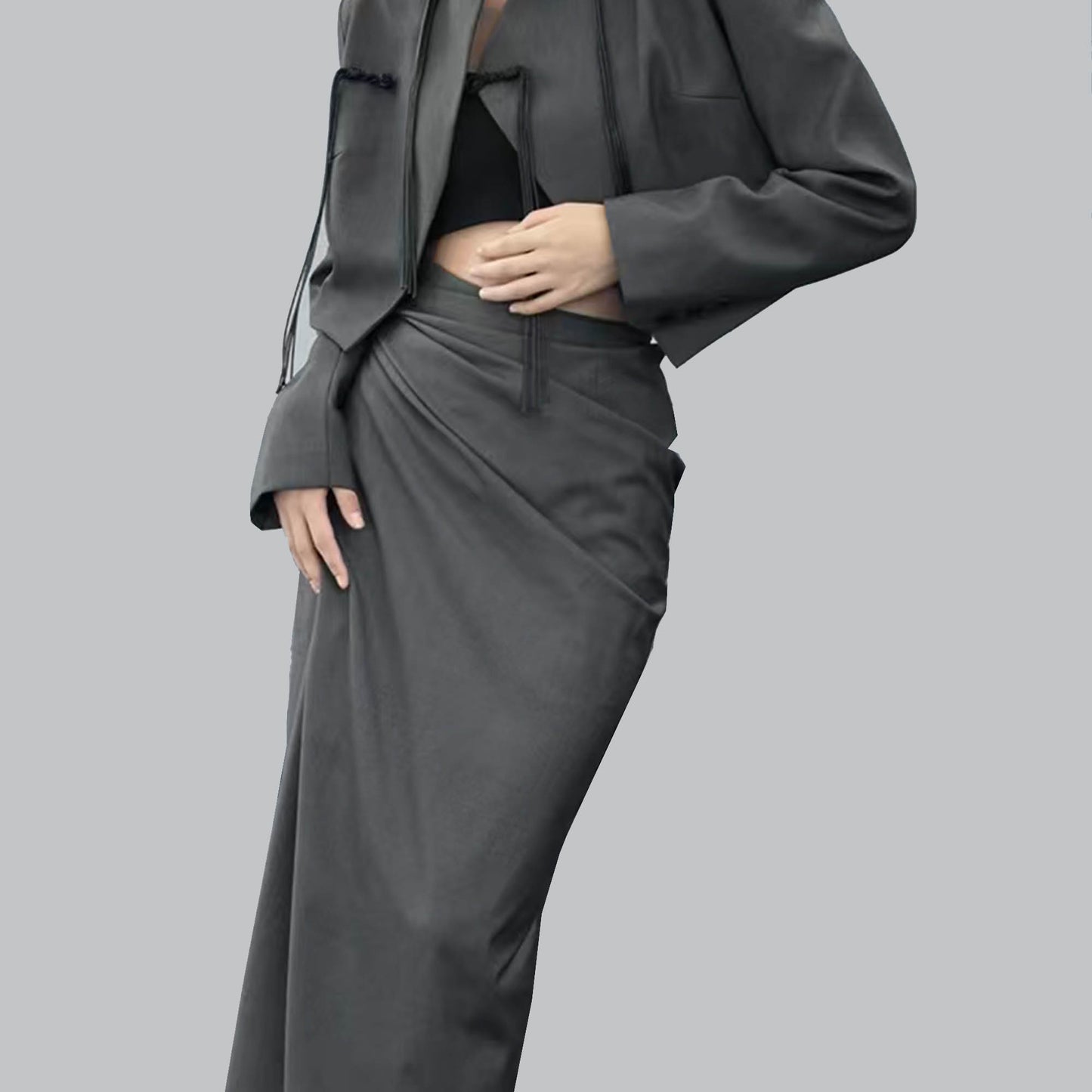 One piece wrap skirt black suiting fabric max length wrap skirt