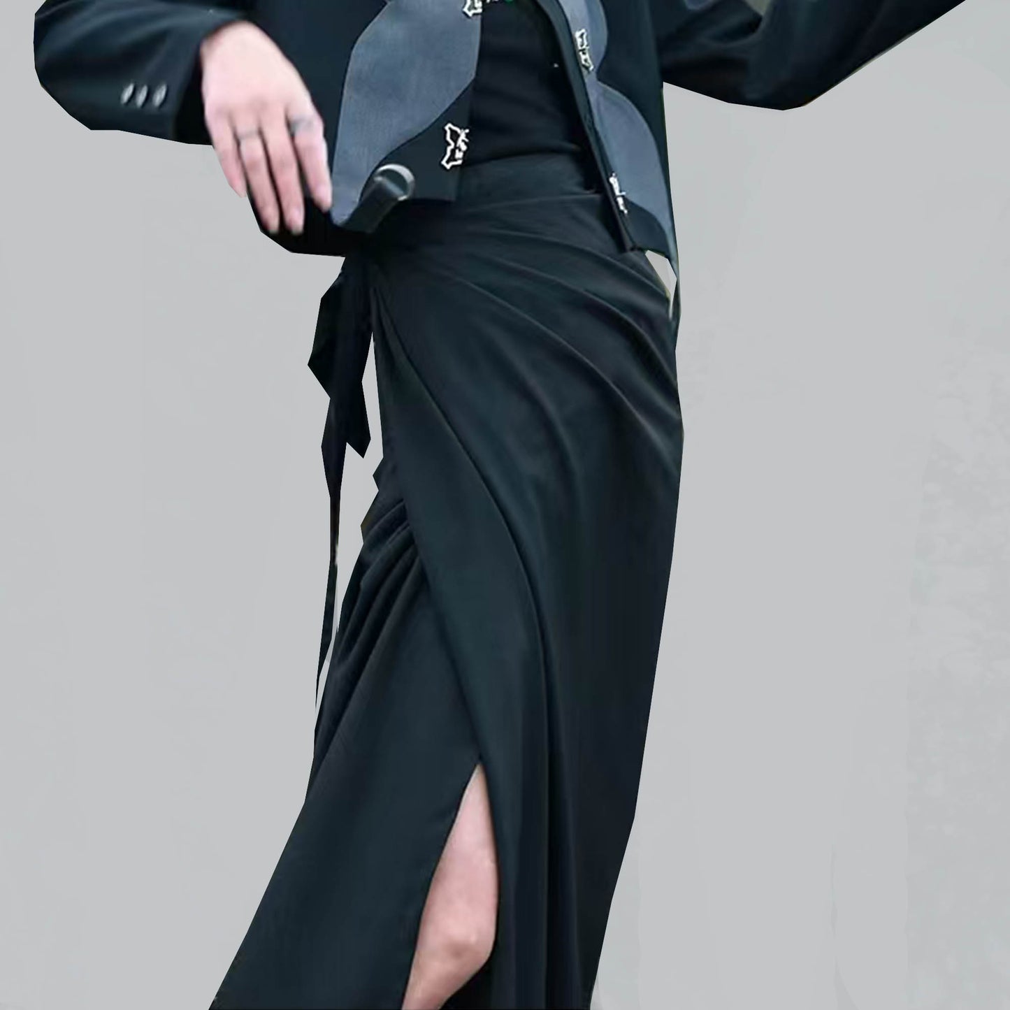 One piece wrap skirt black suiting fabric max length wrap skirt