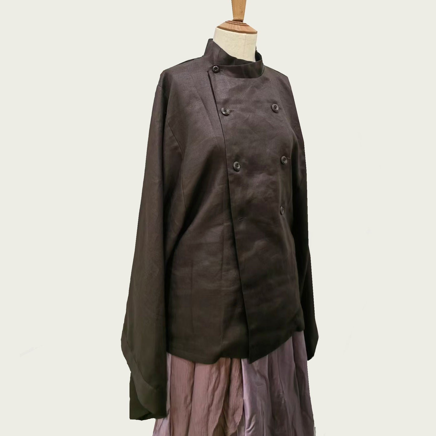 Linen double breast jacket with wide Hanfu sleeves and stand collar