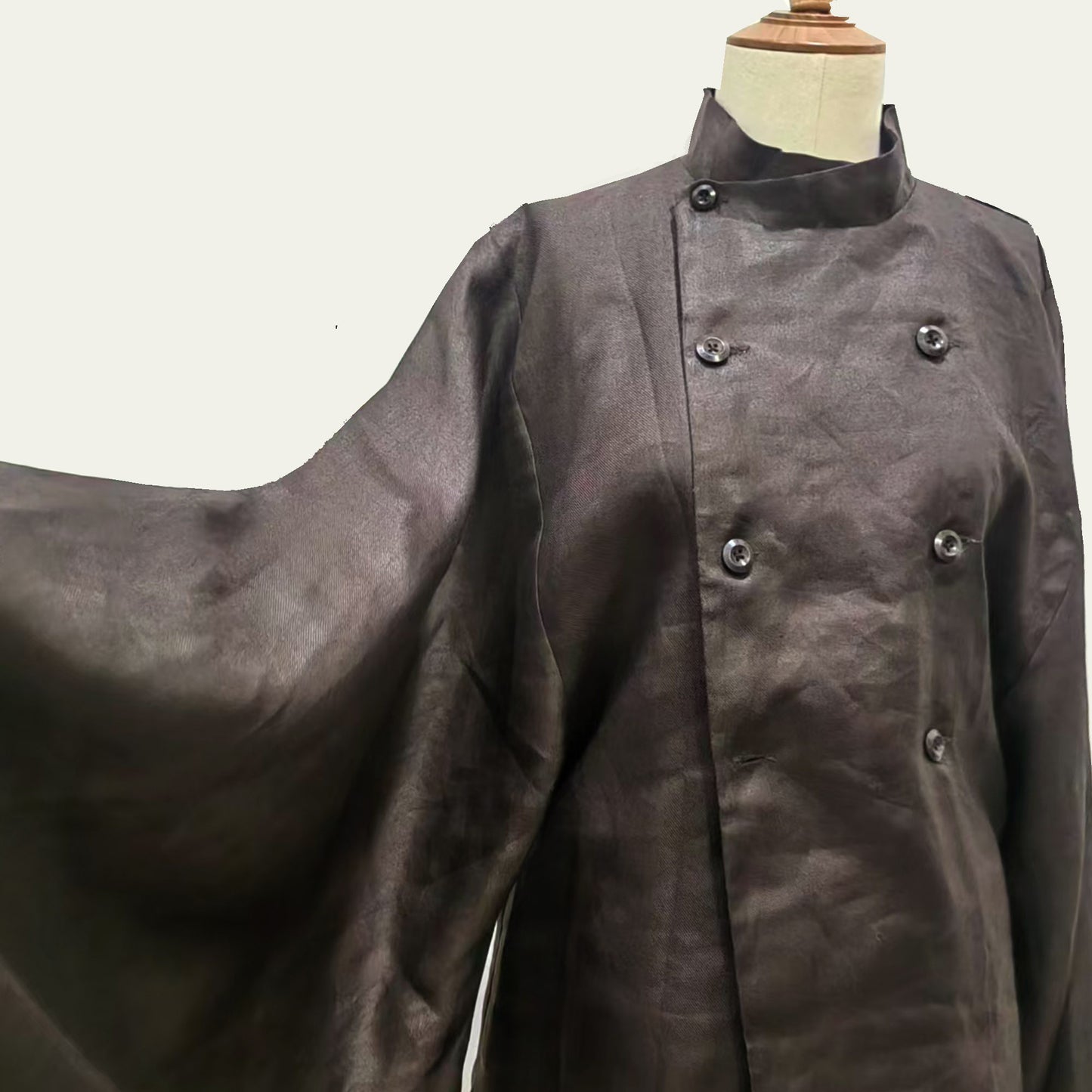 Linen double breast jacket with wide Hanfu sleeves and stand collar
