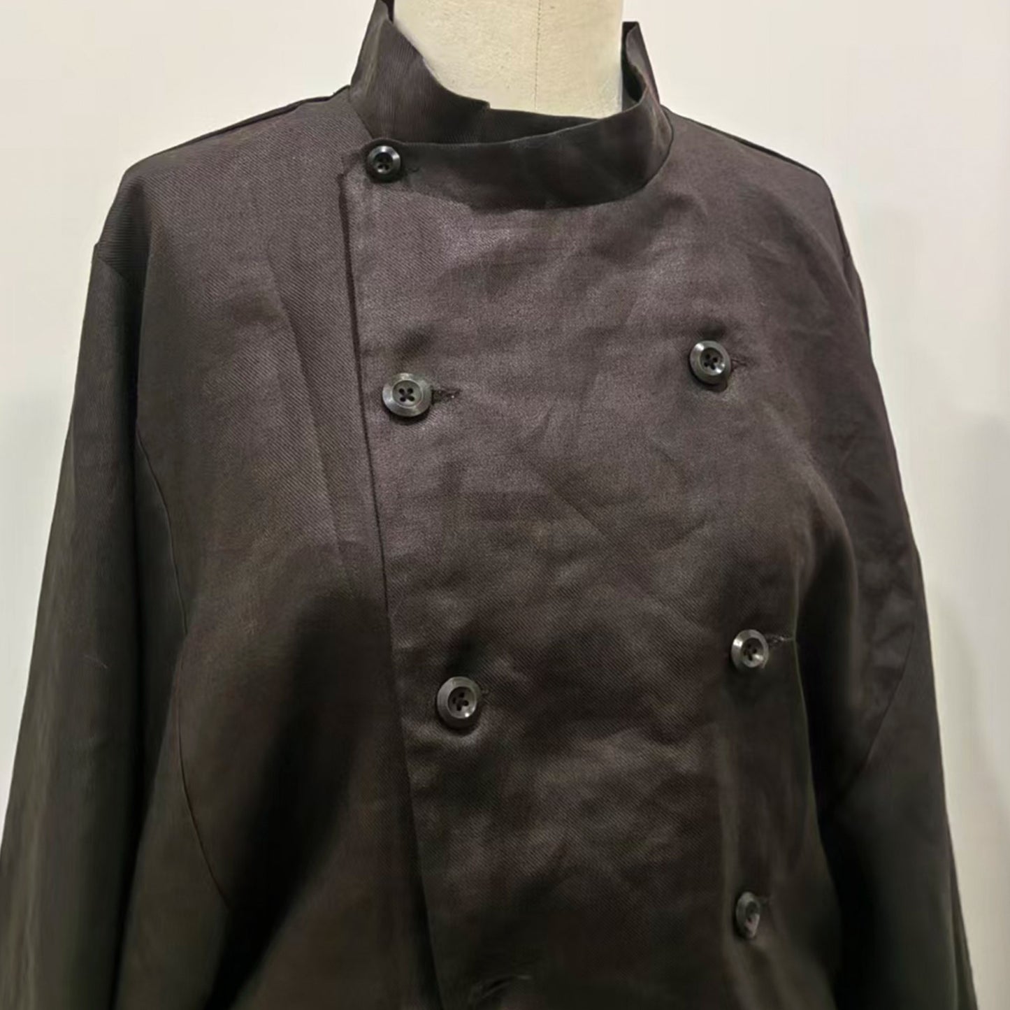 Linen double breast jacket with wide Hanfu sleeves and stand collar