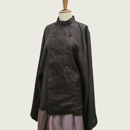 Linen double breast jacket with wide Hanfu sleeves and stand collar