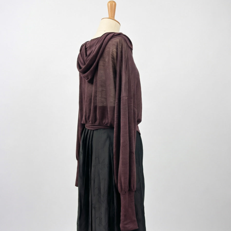 Linen Jersey hoodie top burgundy color extra long sleeves hoodie