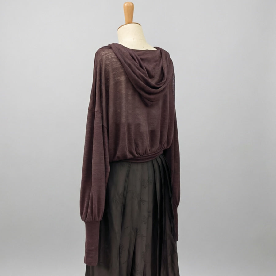 Linen Jersey hoodie top burgundy color extra long sleeves hoodie