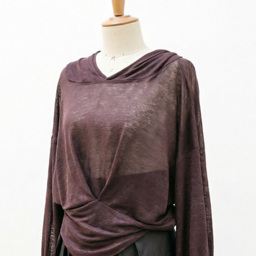 Linen Jersey hoodie top burgundy color extra long sleeves hoodie
