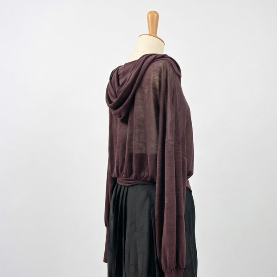 Linen Jersey hoodie top burgundy color extra long sleeves hoodie