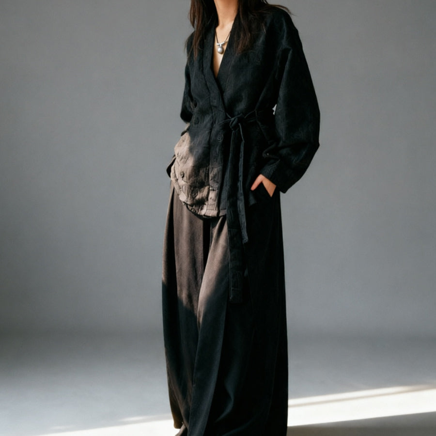 Double layer wide leg pants panel skirt pants suiting fabric black color