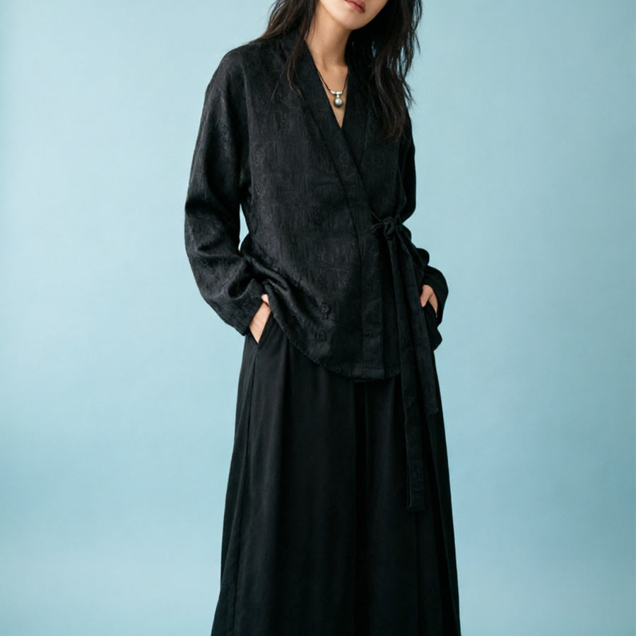 Double layer wide leg pants panel skirt pants suiting fabric black color