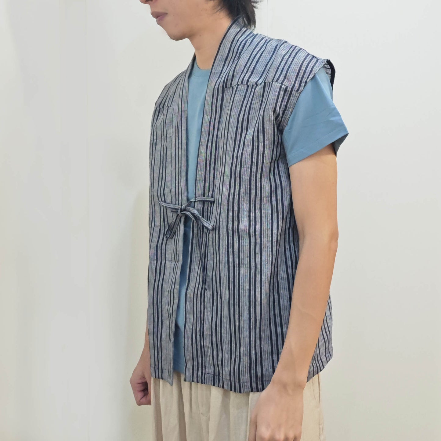 Linen kimono style summer vest Yarn dyed striped linen light weight Haori vest