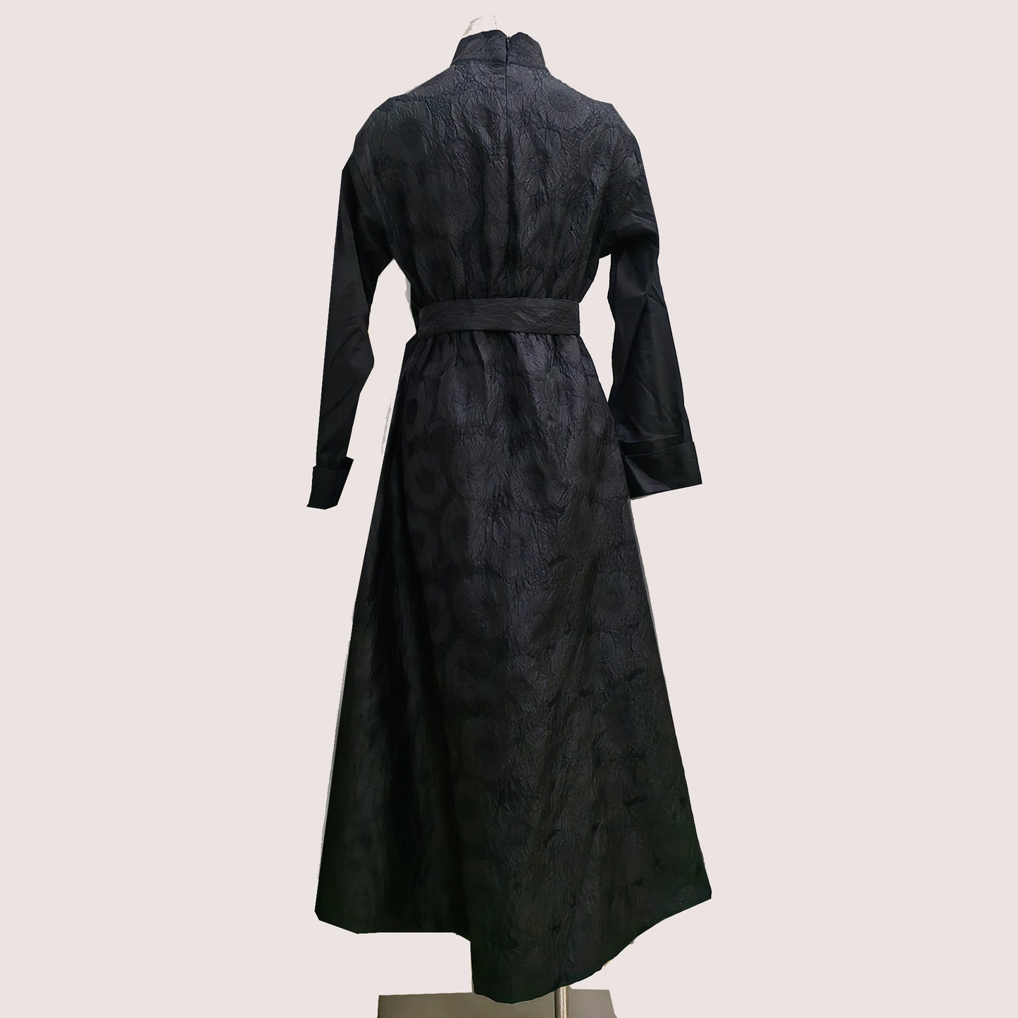 Sample SALES Black dress mixed fabric stand collar fitted black dress jacquard fabric