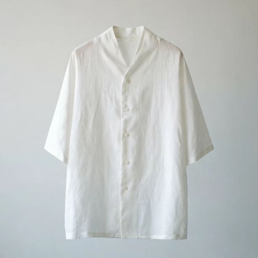 Linen shirt collarless V neck linen blouse