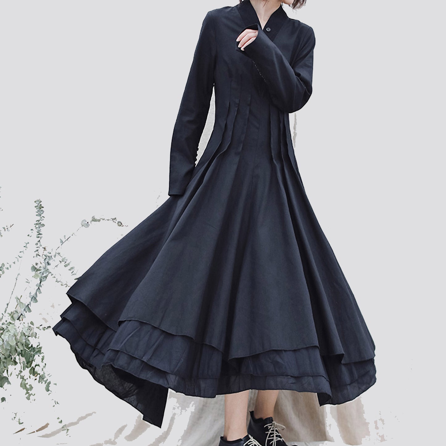 Retro style long dress linen cotton dress long sleeves layered dress