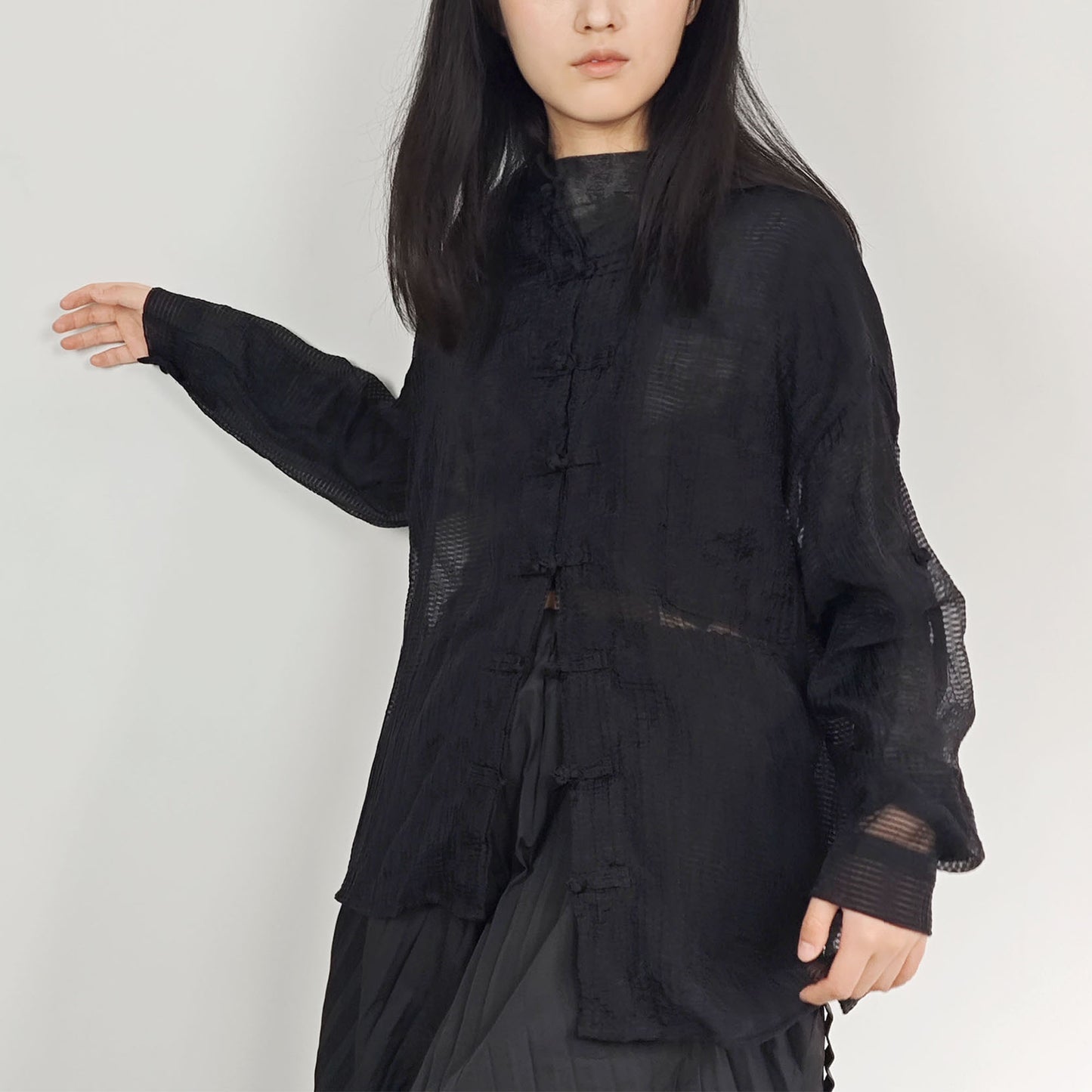 Light weigth see through Tang suit top tencel blended fabric loose fit tang suit style blouse
