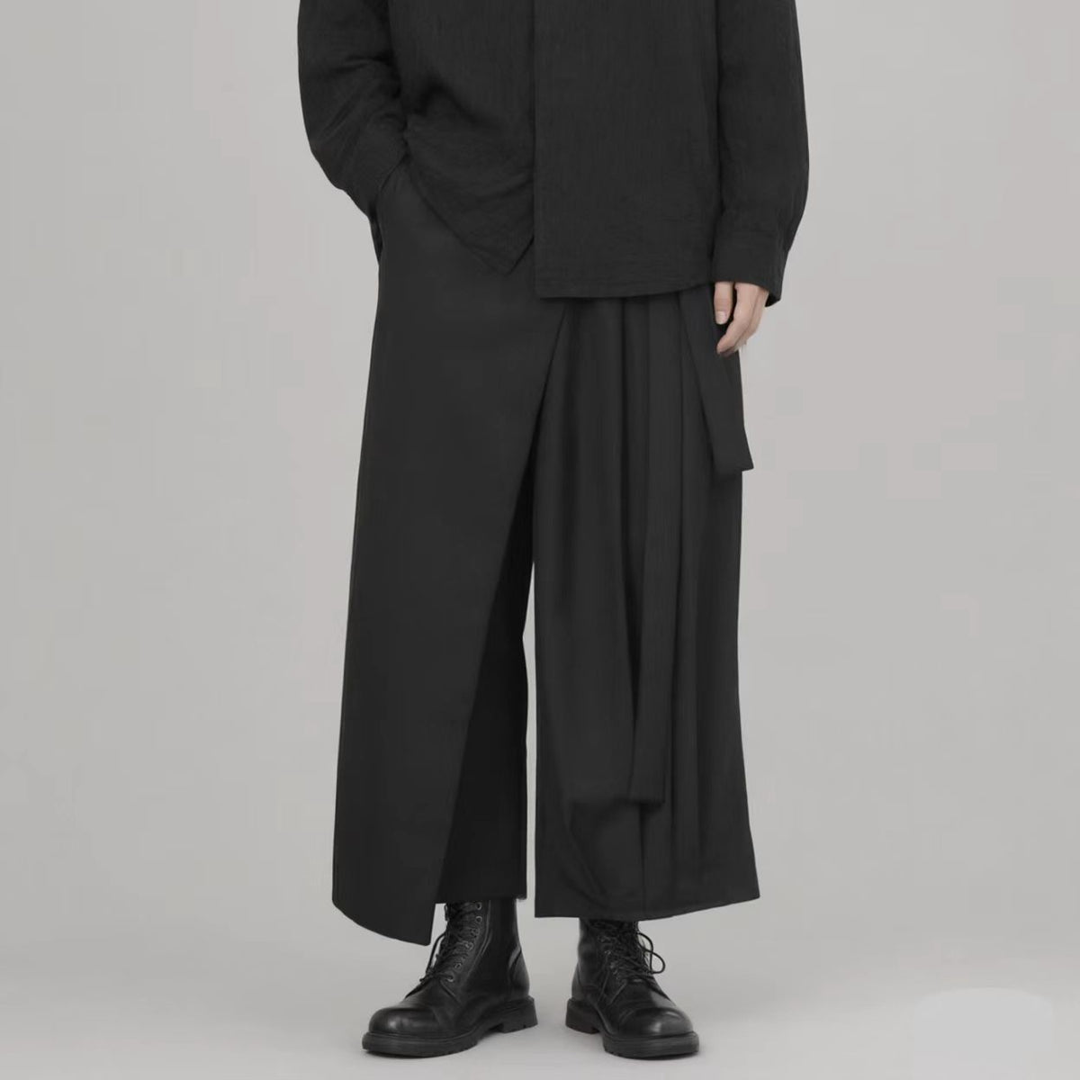 Asymmetrical Black pants unisex black pleated crop pants