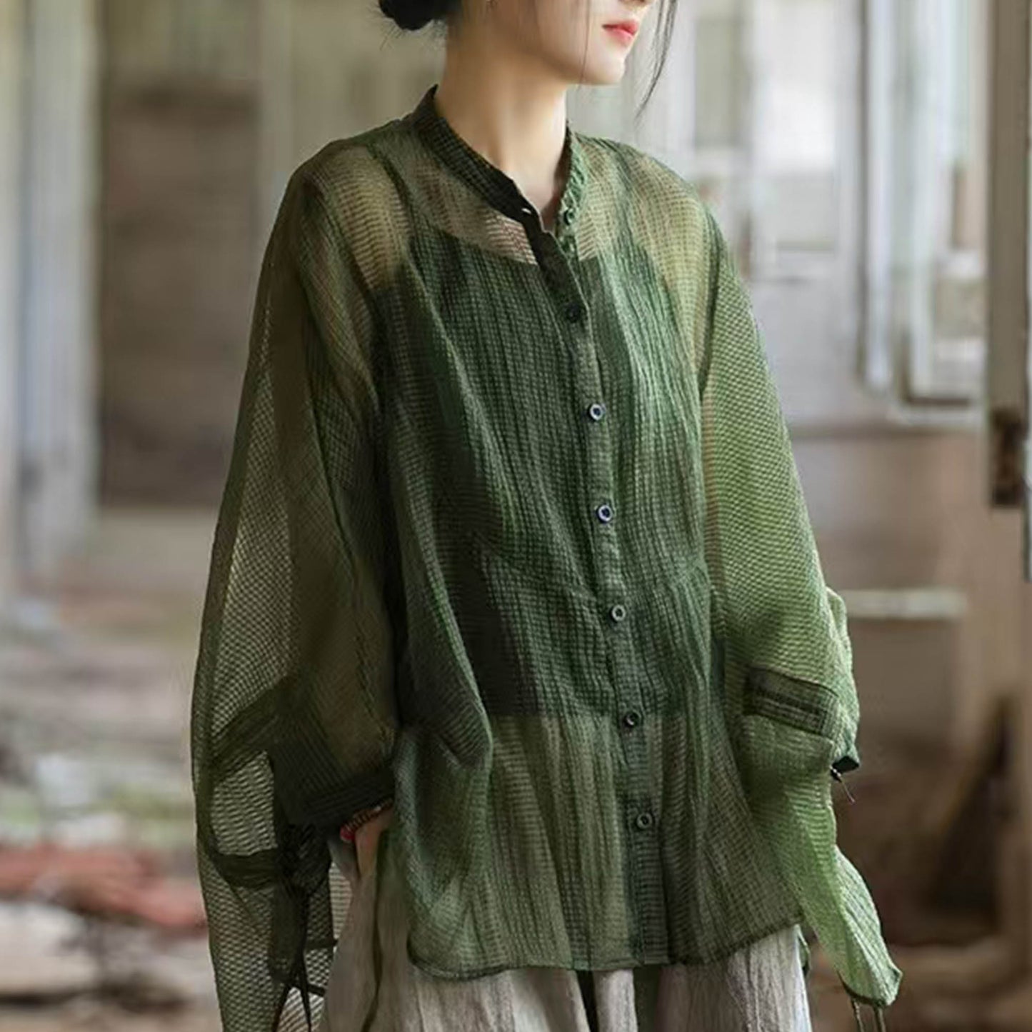 Extra wide sleeves round shape spring summer blouse Tencel blended sheer fabric butterfly shape shirt women cape summer cape sun protec top
