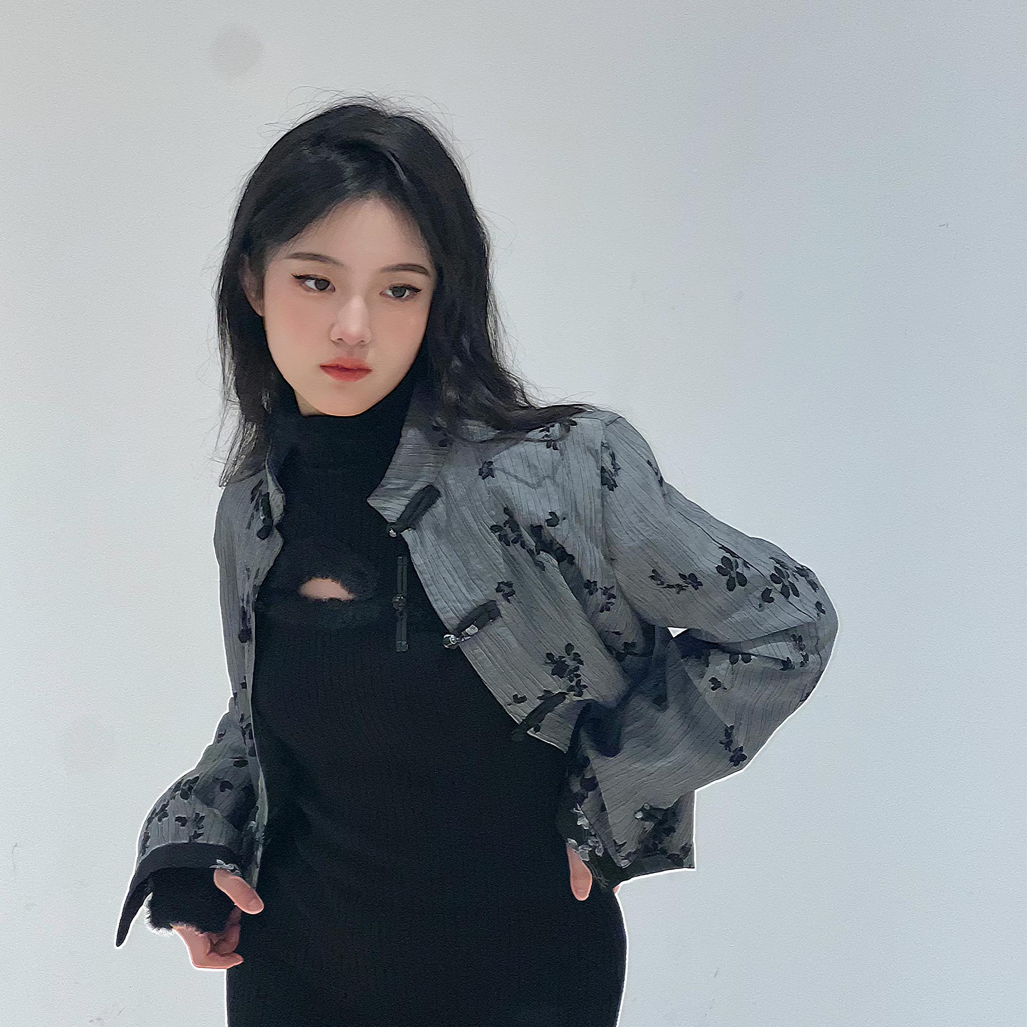 Chinese style Crop Top Stand Collar with Frog Toggles Top Short Jacket Oriental Style Black jacquard Blouse  Mandarin Collar frog buttons