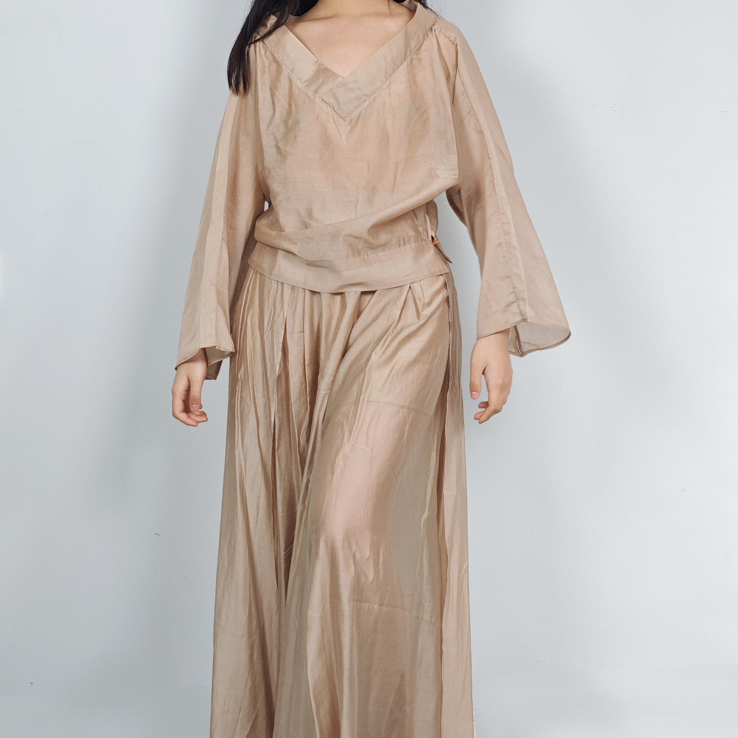Tencel Set large squared collar blouse with wide leg pants loose fit culottes