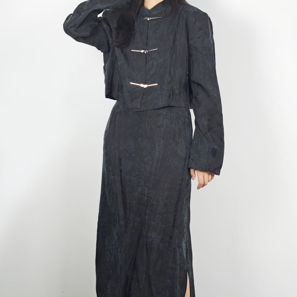Tencel Tang suit style set crop top + slit skirt loose fit crop top tang suit style jacket Cheongsam jacket