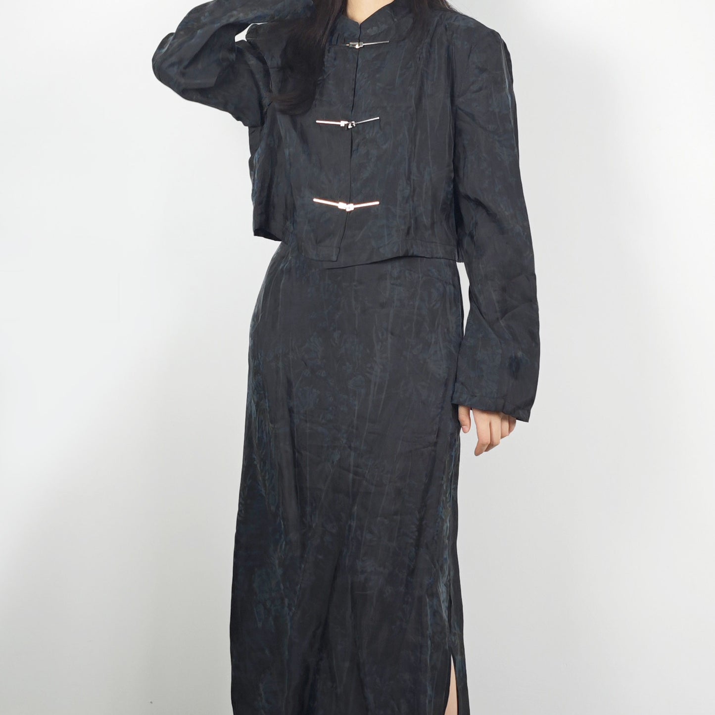 Tencel Tang suit style set crop top + slit skirt loose fit crop top tang suit style jacket Cheongsam jacket