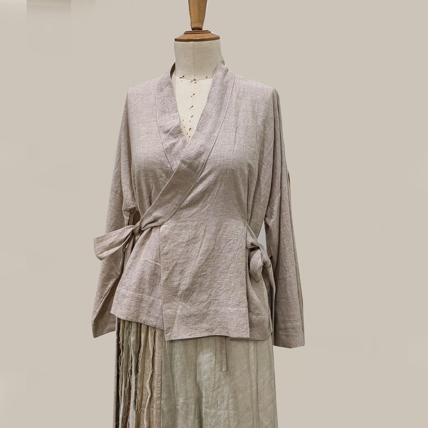 Long sleeves over lapping linen top Hanfu style long straps top kimono style linen blouse