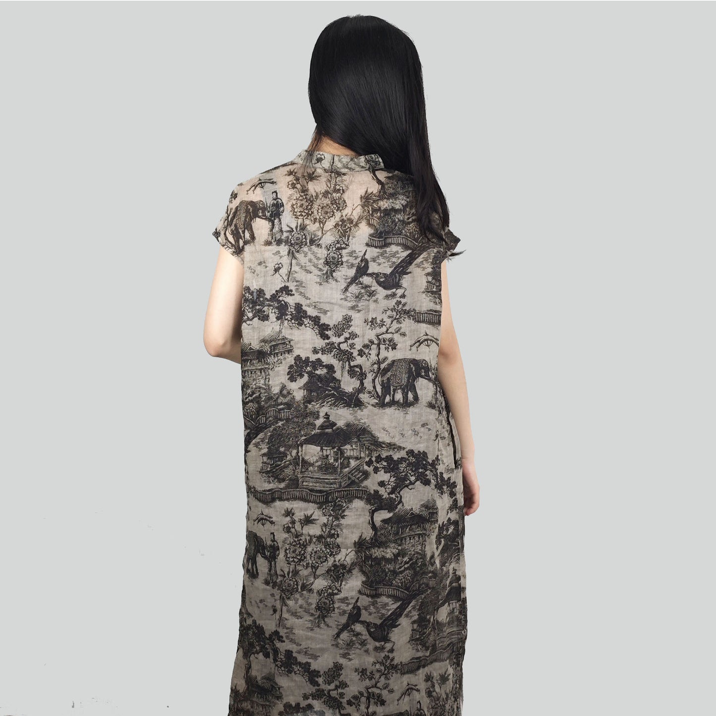 Chinese painting motif Ramie Qipao dress loose fit qipao dress modern fit qipao dress Ramie qipao