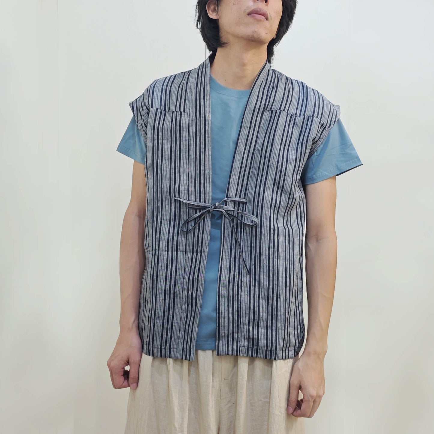 Linen kimono style summer vest Yarn dyed striped linen light weight Haori vest