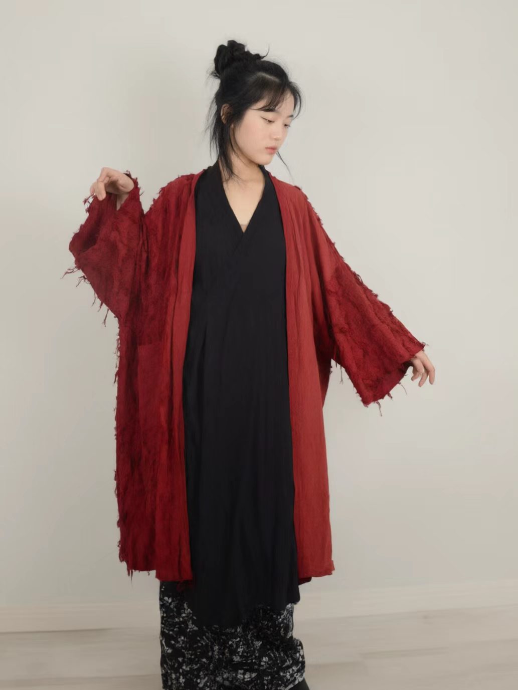 Red kimono jacket loose fit linen cotton long jacket