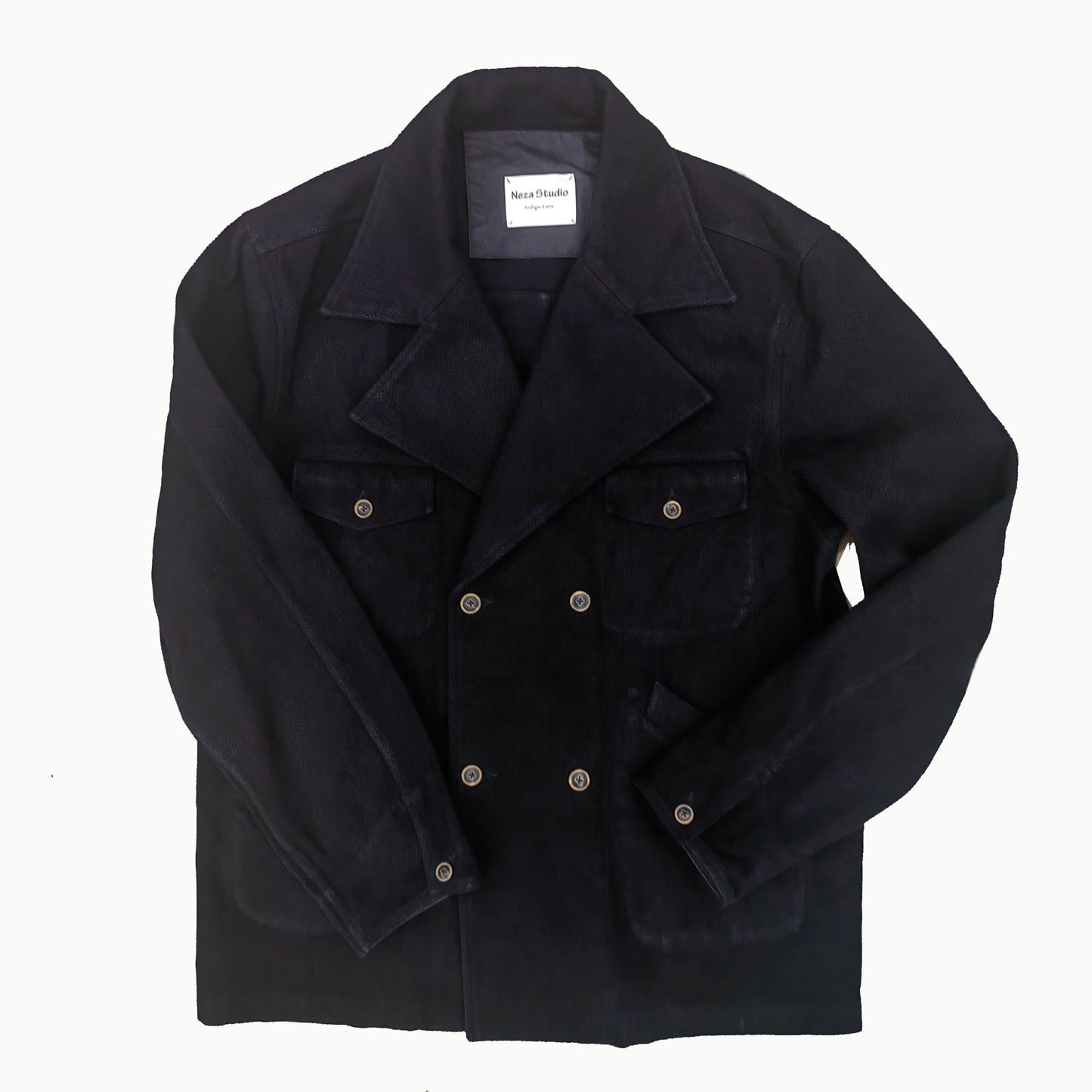 Sashiko cotton retro jacket Black blue cotton sashiko retro style large flap collar jacket