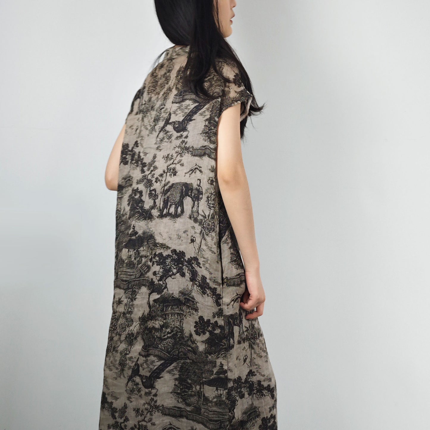 Chinese painting motif Ramie Qipao dress loose fit qipao dress modern fit qipao dress Ramie qipao