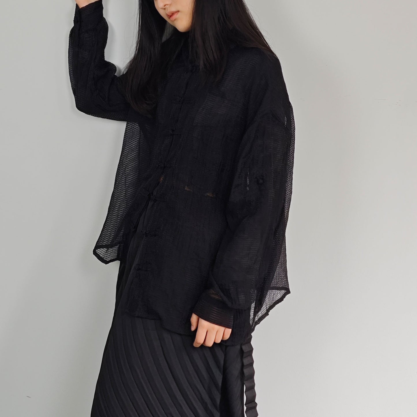 Light weigth see through Tang suit top tencel blended fabric loose fit tang suit style blouse