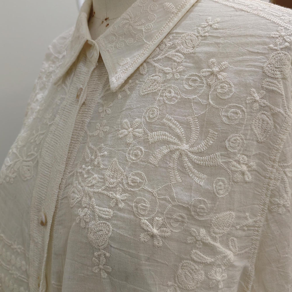 Cotton Lace shirt ecru color soft cotton voile shirt retro style lace shirt embroidery shirt
